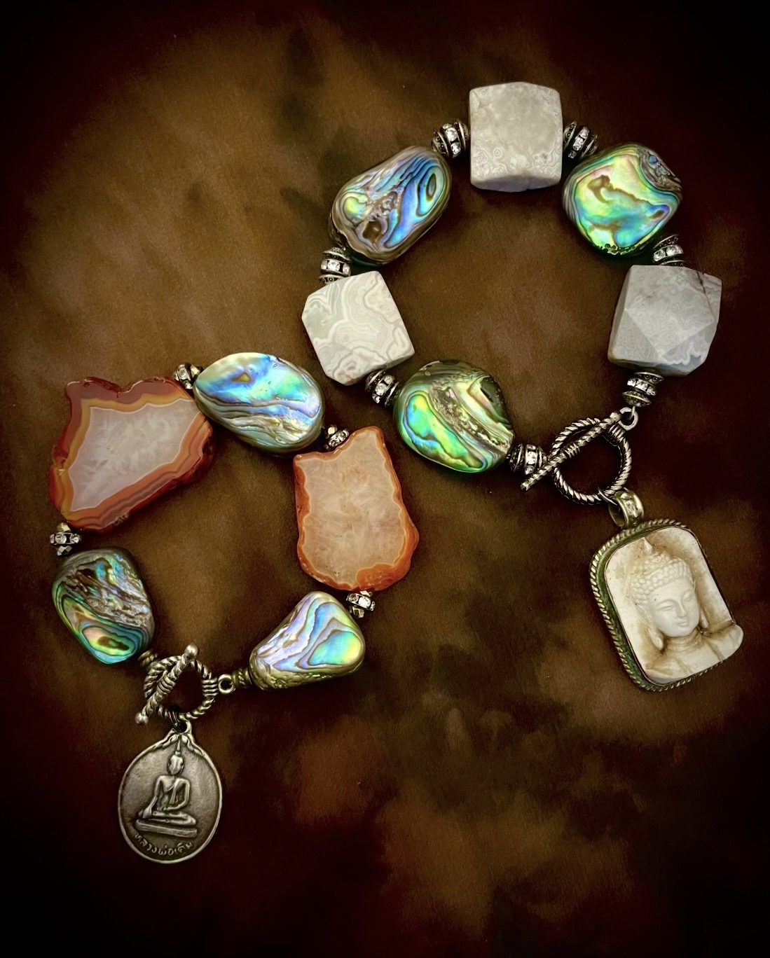 Abalone and agate bracelet with Buddha and gemstone charms